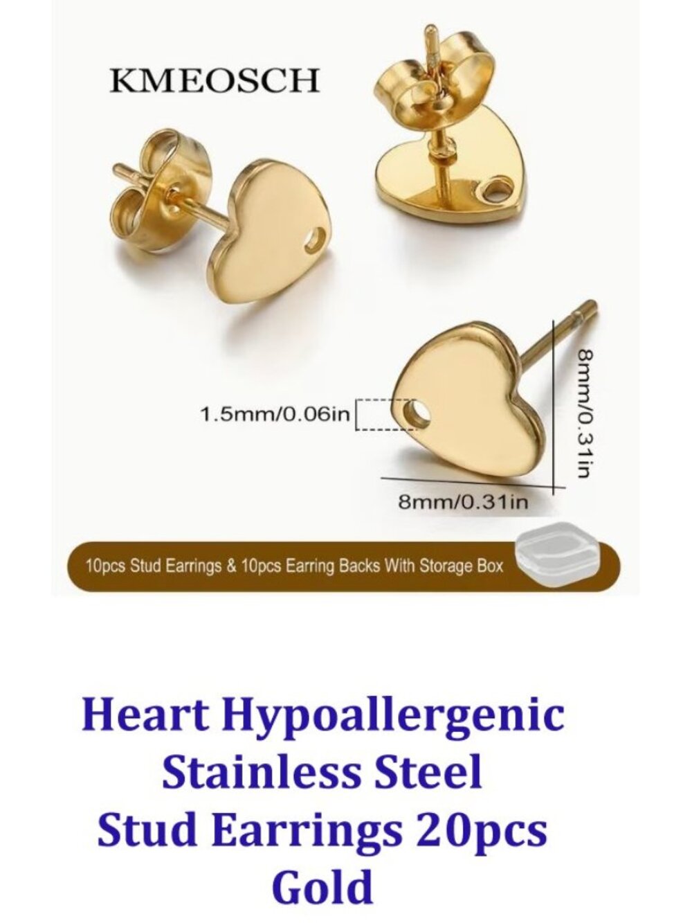 Goldtone Hypoallergenic Stainless Steel Heart-Shaped Stud Earrings  10 pairs